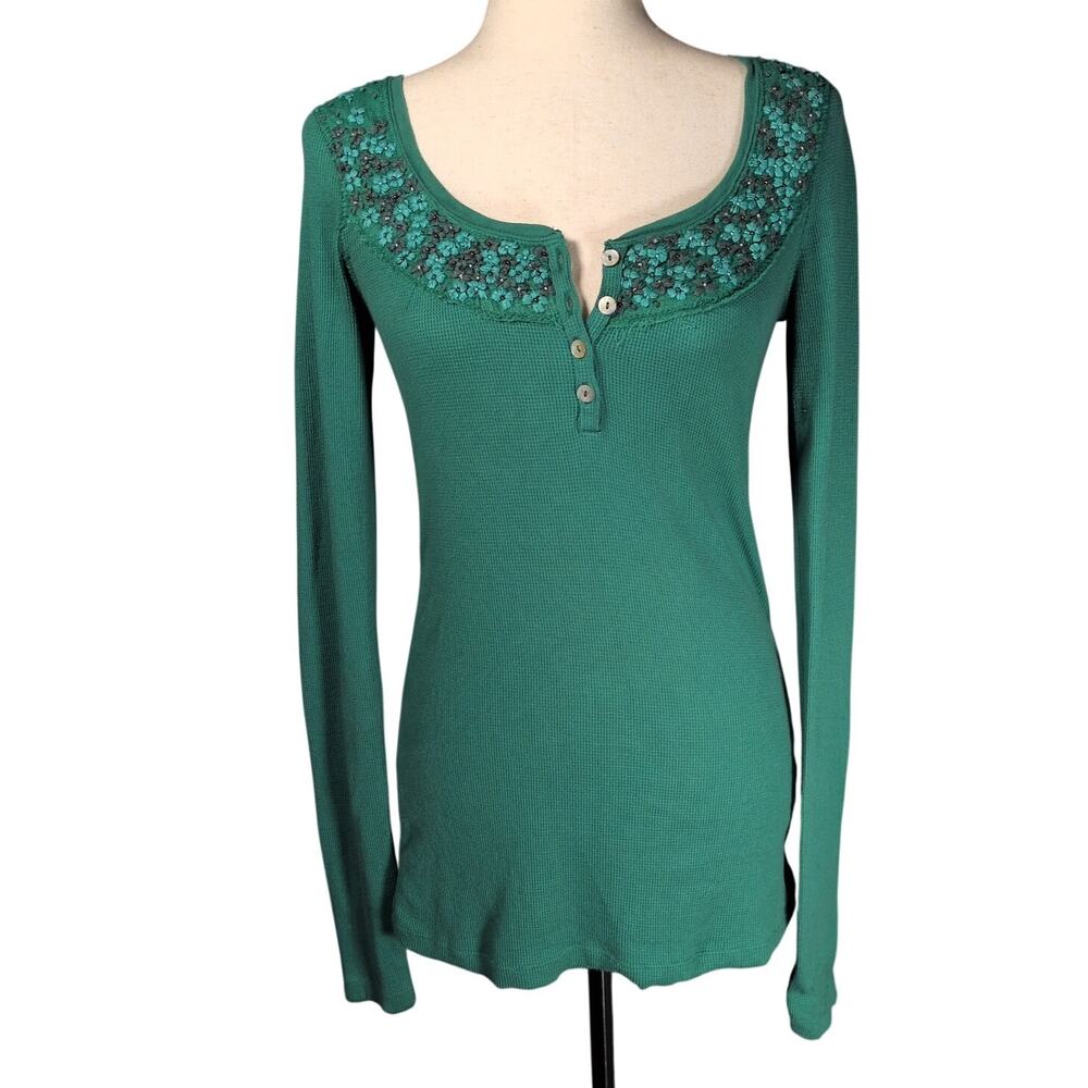 Free People Waffle Knit Henley Floral Embroidered Long Sleeve Top Green Medium